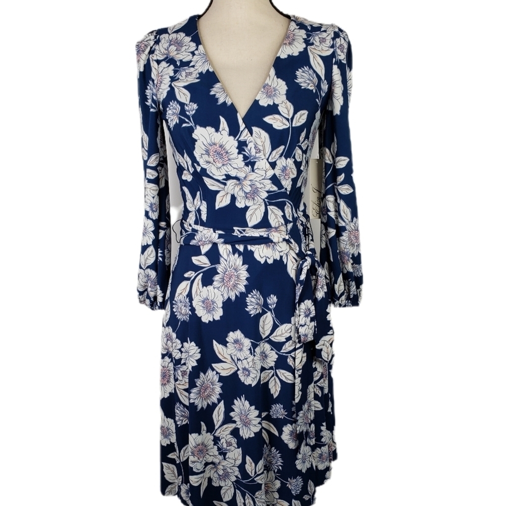Eliza J. Women Blue W/White & Pink Flower Faux Wrap 3/4 Sleeve Belted Dress